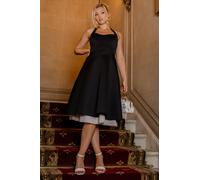 Goddiva Women's Contrast Organza Frill Bow Back Halter Midi Dress in Black | Size: 10