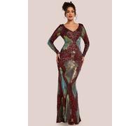 Goddiva Women's Contrast Sequin Long Sleeve Maxi Dress in Wine | Size: 8