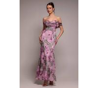 Goddiva Women's Cowl Neck Floral Print Jacquard Chiffon Maxi Dress in Light Pink | Size: 12
