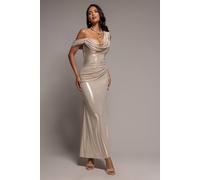 Goddiva Women's Cowl Neck One Shoulder Foil Maxi Dress in Gold | Size: 16
