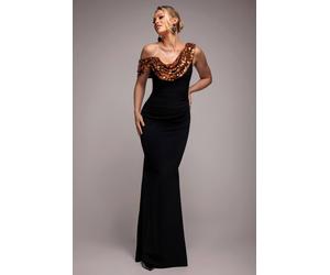 Goddiva Women's Cowl One Shoulder Contrast Sequin & Scuba Crepe Maxi Dress in Black | Size: 10
