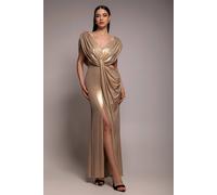 Goddiva Women's Cowl Plunge Draped Foil Maxi Dress in Gold | Size: 12