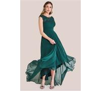 Goddiva Women's Crochet & Pleated Top High Low Maxi in Emerald | Size: 10 Goddiva Emerald 10