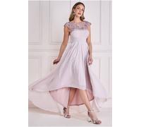 Goddiva Women's Crochet & Pleated Top High Low Maxi in Light Beige | Size: 14