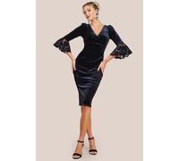 Goddiva Women's Crochet Velvet Wrap Midi Dress in Black | Size: 18 Goddiva Black 18