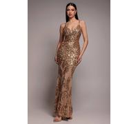 Goddiva Women's Cross Back Diamante Strap Sequin Maxi Dress in Nude | Size: 10