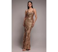 Goddiva Women's Cross Back Diamante Strap Sequin Maxi in Nude | Size: 12 Goddiva Nude 12