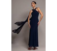 Goddiva Women's Cross Front Scarf Back Chiffon Mermaid Maxi Dress in Navy | Size: 14