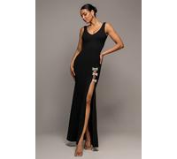 Goddiva Women's Diamante Brooch Thigh Split Mermaid Maxi Dress in Black | Size: 18
