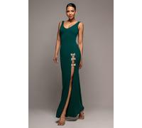 Goddiva Women's Diamante Brooch Thigh Split Mermaid Maxi Dress in Emerald | Size: 14 Goddiva Emerald 14