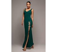 Goddiva Women's Diamante Brooch Thigh Split Mermaid Maxi Dress in Emerald | Size: 18