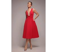 Goddiva Women's Diamante Embellished Neck A Line Midi Dress in Red | Size: 10
