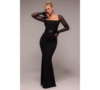 Goddiva Women's Dobby Mesh Feather Sleeve Evening Maxi Dress in Black | Size: 16 Goddiva Black 16