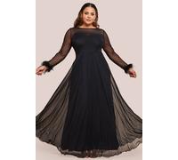 Goddiva Women's Dobby Mesh Feather Sleeve Hem Maxi Dress in Black | Size: 22