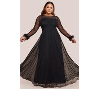 Goddiva Women's Dobby Mesh Feather Sleeve Hem Maxi Dress in Black | Size: 22 Goddiva Black 22