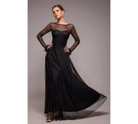 Goddiva Women's Dobby Mesh Feather Sleeve Hem Maxi Dress in Black | Size: 8
