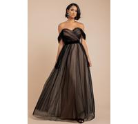 Goddiva Women's Dobby Mesh Off-The Shoulder Princess Maxi Dress in Black | Size: 16 Goddiva Black 16