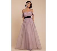 Goddiva Women's Dobby Mesh Off-The Shoulder Princess Maxi Dress in Light Beige | Size: 10 Goddiva Light Beige 10