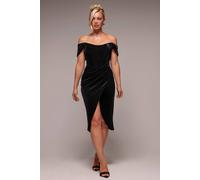 Goddiva Women's Draped Shoulder Velvet Corset Midi Dress in Black | Size: 14