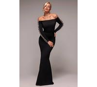 Goddiva Women's Embellished Diamante Sleeve Bardot Maxi Dress in Black | Size: 8