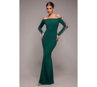 Goddiva Women's Embellished Diamante Sleeve Bardot Maxi Dress in Emerald | Size: 10 Goddiva Emerald 10