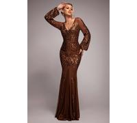 Goddiva Women's Embellished Sequin Bishop Sleeve Maxi Dress in Bronze | Size: 8