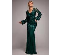 Goddiva Women's Embellished Sequin Bishop Sleeve Maxi Dress in Emerald | Size: 8