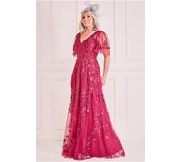 Goddiva Women's Embroidered Flared Sleeve Maxi in Magenta | Size: 10 Goddiva Magenta 10