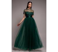 Goddiva Women's Embroidered Mesh Maxi Dress in Green | Size: 8