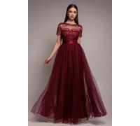 Goddiva Women's Embroidered Mesh Maxi Dress in Wine | Size: 10