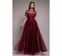 Goddiva Women's Embroidered Mesh Maxi Dress in Wine | Size: 8 Goddiva Wine 8