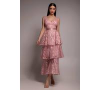 Goddiva Women's Embroidered Mesh Tiered Midi Dress in Pink | Size: 16