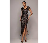 Goddiva Women's Embroidered Sequin Tassel Front Split Midaxi Dress in Black | Size: 6