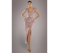 Goddiva Women's Embroidered Sequin Tassel Front Split Midaxi Dress in Light Pink | Size: 4 Goddiva Light Pink 4