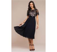 Goddiva Women's Embroidered Top Chiffon Pleated Midi in Black | Size: 8 Goddiva Black 8
