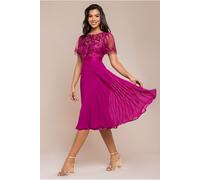 Goddiva Women's Embroidered Top Chiffon Pleated Midi in Magenta | Size: 12 Goddiva Magenta 12