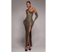Goddiva Women's Faux Leather Cut Out Maxi Dress in Khaki | Size: 14