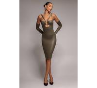 Goddiva Women's Faux Leather Cut Out Sheath Midi Dress in Khaki | Size: 14