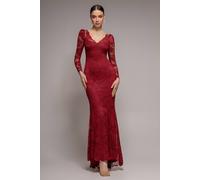Goddiva Women's Fit & Flare Scallop Lace V Neck Maxi Dress in Burgundy | Size: 16