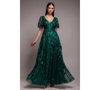 Goddiva Women's Flared Sleeve Embroidered Maxi Dress in Emerald | Size: 12