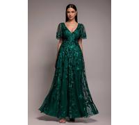 Goddiva Women's Flared Sleeve Embroidered Maxi Dress in Emerald | Size: 6