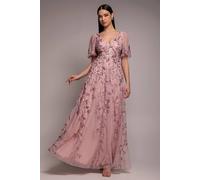 Goddiva Women's Flared Sleeve Embroidered Maxi Dress in Light Pink | Size: 12
