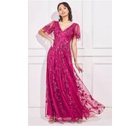 Goddiva Women's Flared Sleeve Embroidered Maxi Dress in Magenta | Size: 8