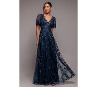 Goddiva Women's Flared Sleeve Embroidered Maxi Dress in Navy | Size: 8 Goddiva Navy 8