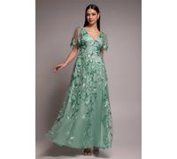 Goddiva Women's Flared Sleeve Embroidered Maxi Dress in Pale Green | Size: 14