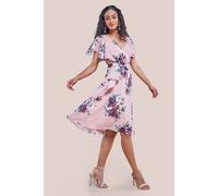 Goddiva Women's Floral Print Midi Wrap Dress With Butterfly Sleeves in Peach | Size: 12