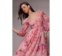Goddiva Women's Floral Print Shirred Back A Line Maxi Dress in Light Pink | Size: 14