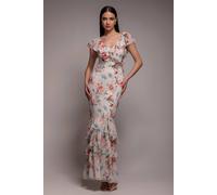 Goddiva Women's Floral Printed Chiffon Ruffle Maxi Dress in Cream | Size: 12