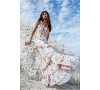 Goddiva Women's Floral Printed Chiffon Ruffle Maxi in Cream | Size: 16 Goddiva Cream 16