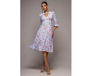 Goddiva Women's Floral Printed Flared Sleeve Midi Dress in Lilac | Size: 10
